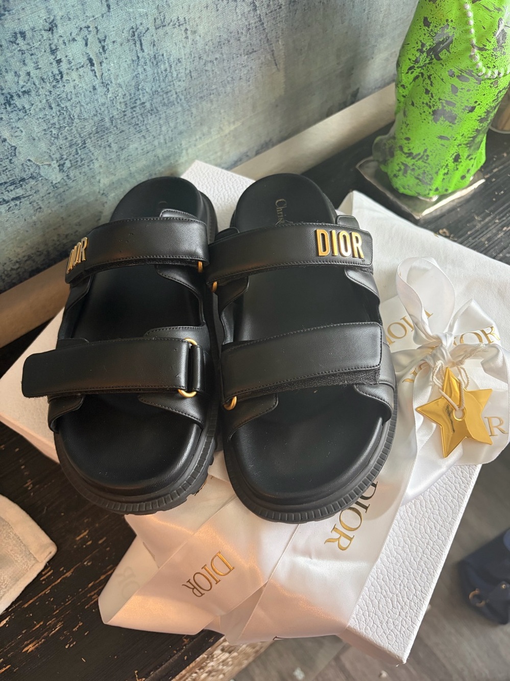 Dior Black Leather Slide Sandals with Gold Logo Accents